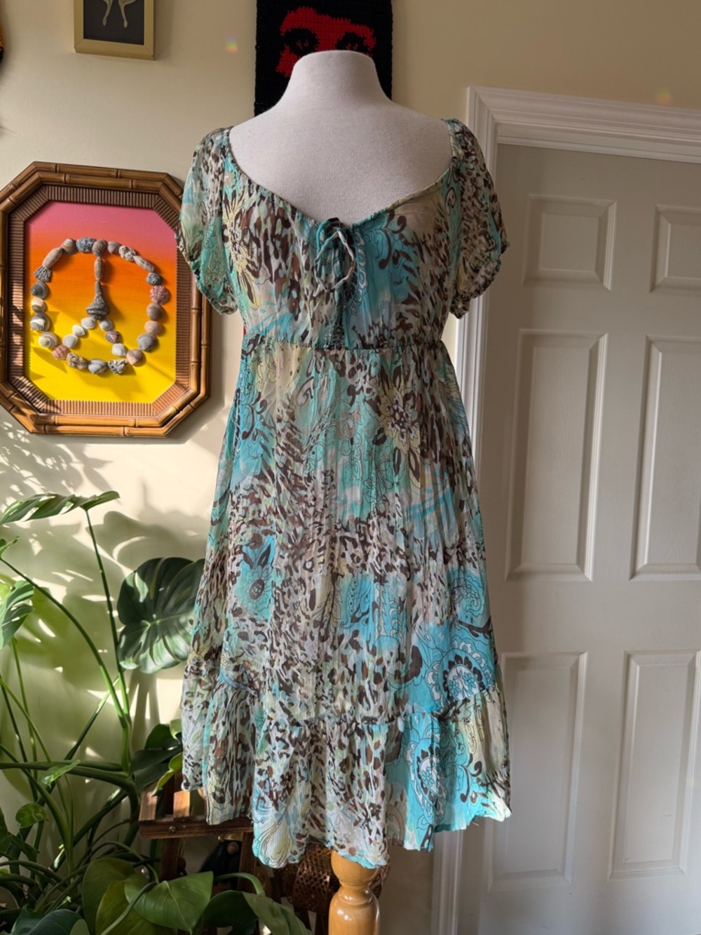 dressbarn Aqua and Cream Floral-Print Sheer Midi Dress